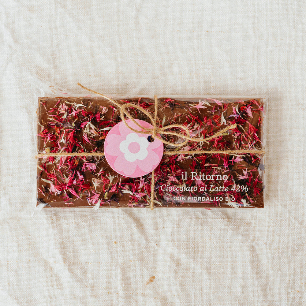Cioccolato al Latte 42% con Fiori di Fiordaliso Rosa 100g