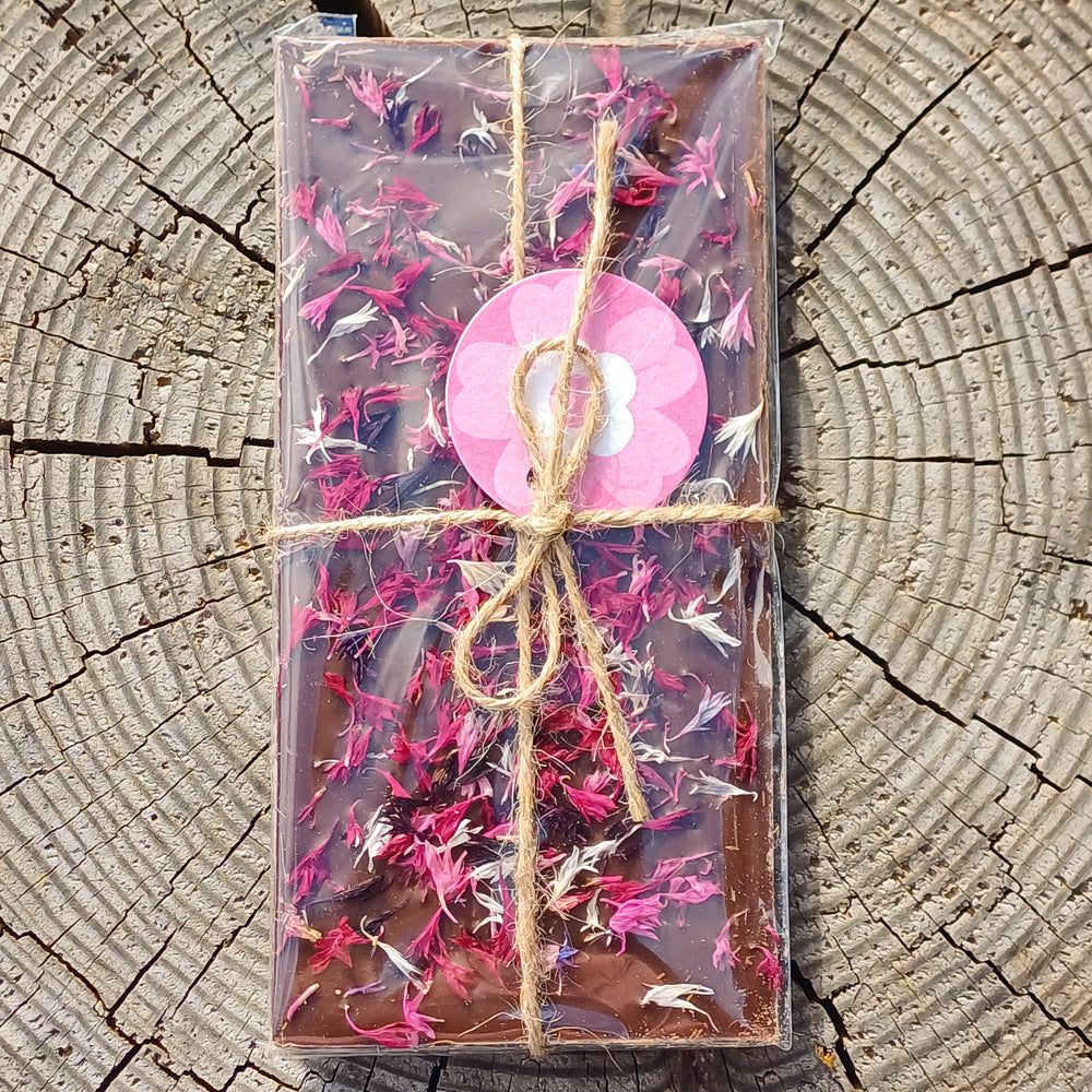 Cioccolato al Latte 42% con Fiori di Fiordaliso Rosa 100g